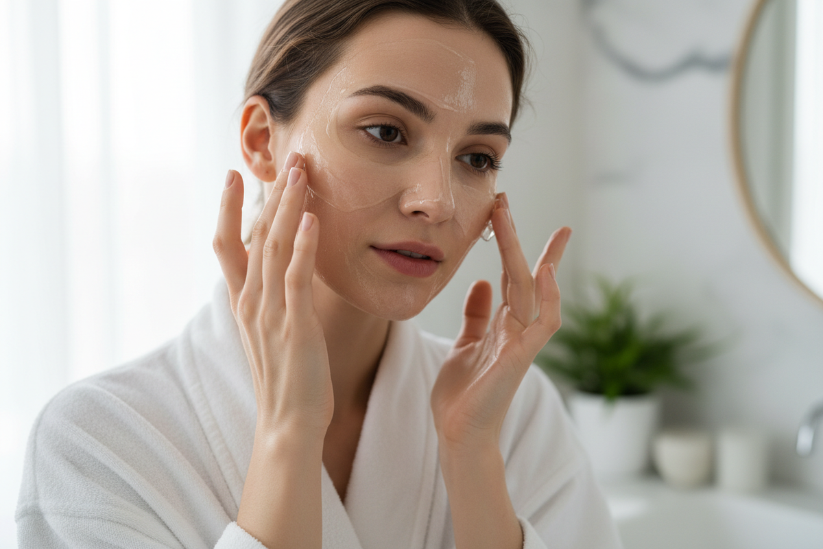 beautiful woman putting on collagen clear face mask